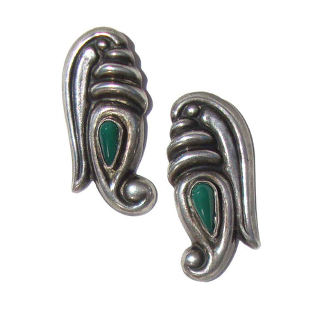 Vintage 40s Mexican Earrings Mayan Sterling & Green Onyx PreColumbian Style