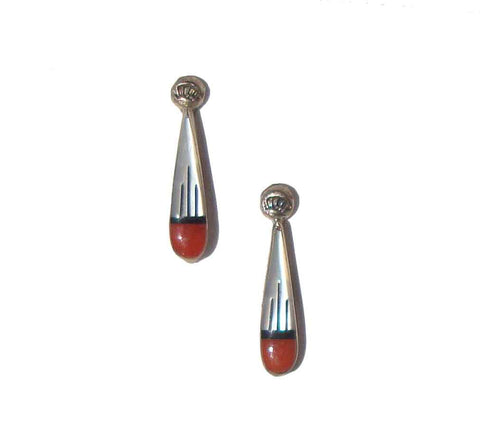 Vintage 60s Zuni Inlay Raindrop Earrings Sterling Silver Coral MOP