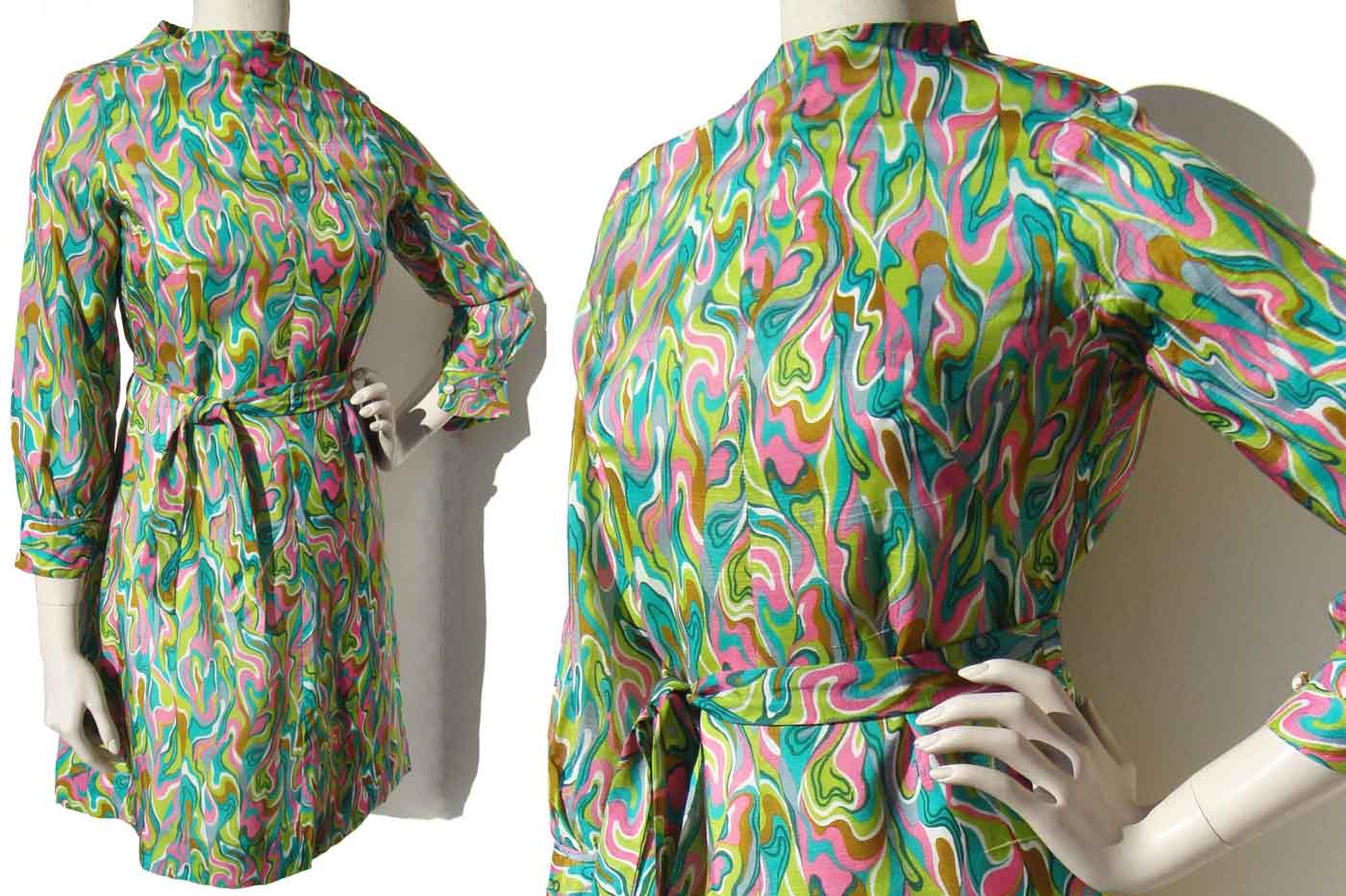 Vintage 60s Mod Silk Dress Pink & Green Mini Psychedelic Print S – AS IS