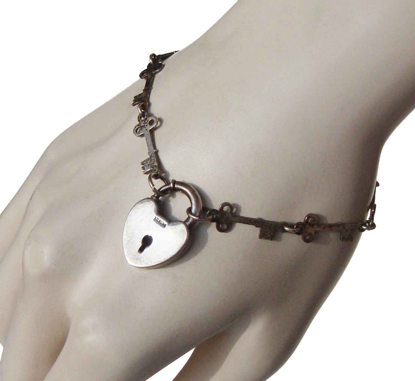 Art Deco Sterling Silver Heart Lock Padlock Charm Bracelet