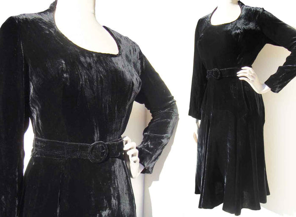 Vintage 60s Black Velvet Evening Cocktail Dress M