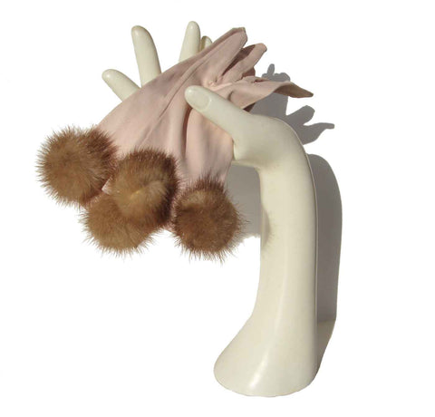 Vintage 50s Gloves Kay Fuchs Mink Pom Pom Cream Ecru Satin S