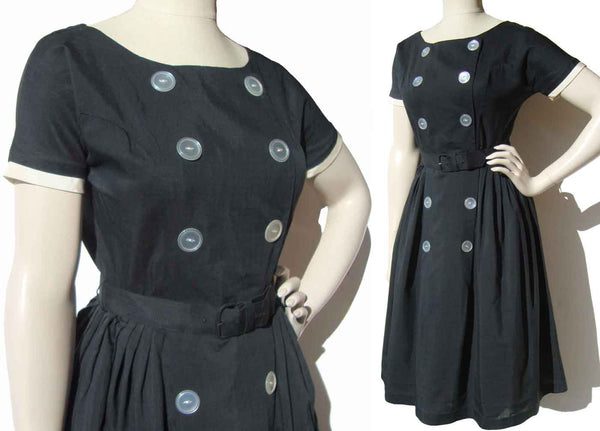 Vintage 60s Black Dress Double Breasted Summer Cotton