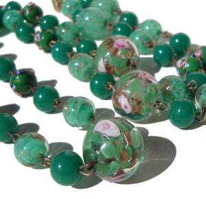 Vintage 60s Venetian Lampwork Beads Green & Pink Rose Beaded Necklace