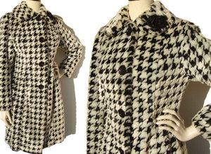 Vintage 80s Albert Nipon Princess Coat B&W Houndstooth Faux Fur S / M