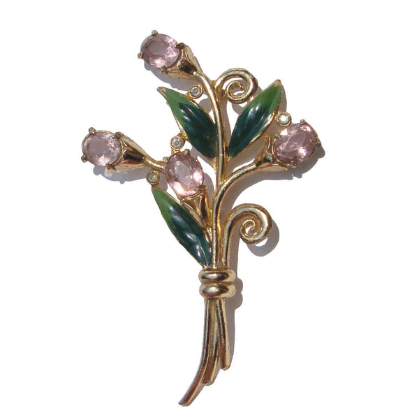 Vintage 30s Flower Brooch Pink Rhinestone & Enamel Floral Bouquet Pin