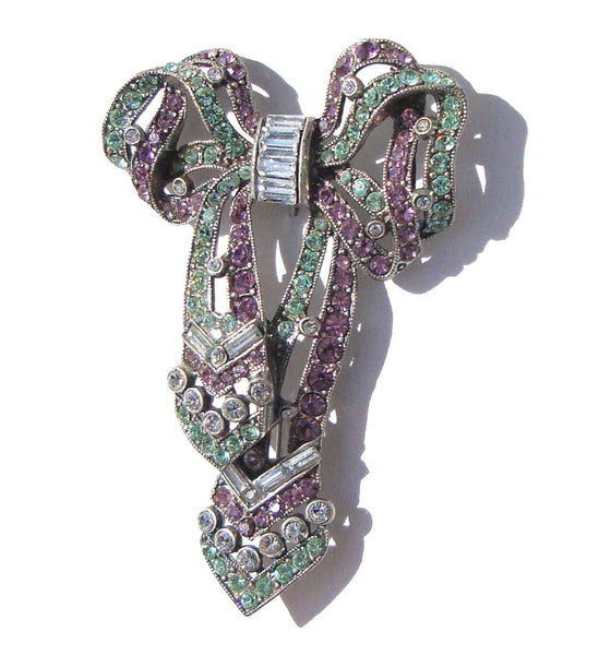 Vintage Sweet Romance Rhinestone Bow Brooch Pink & Green Crystal Pin