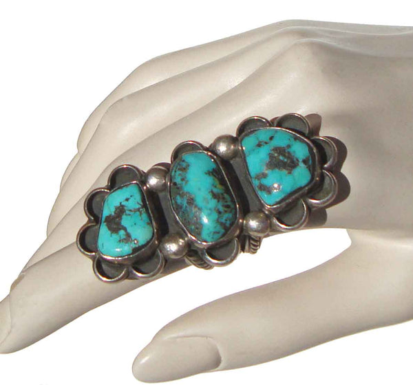 Vintage JLC Chimney Butte Ring Kingman Turquoise & Sterling Triple Stone Sz 8