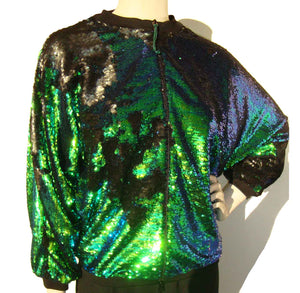 Vintage Sequin Bomber Jacket Metallic Green & Black Sequins