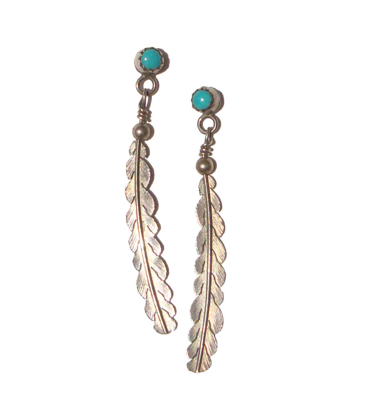 Vintage 60s Navajo Sterling Silver & Turquoise Feather Earrings