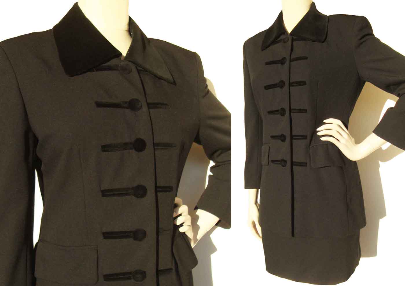 Vintage 90s Stephanie Anais Black Wool Skirt Suit Napolean Style S