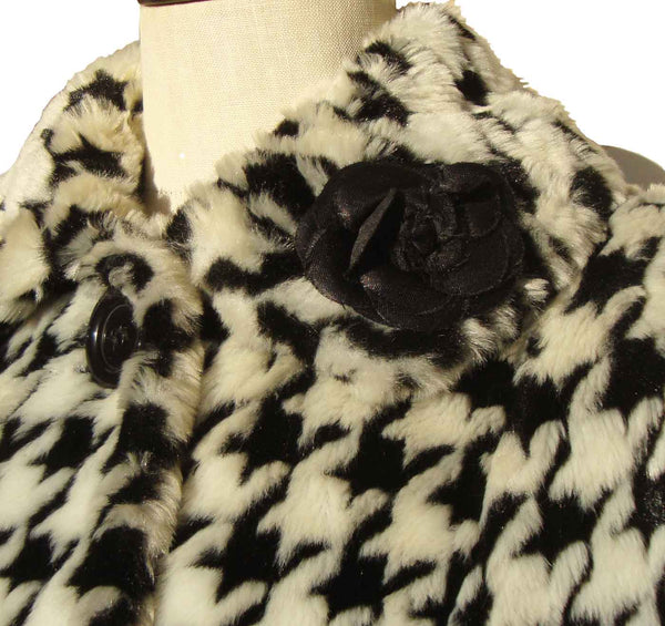 Vintage 80s Albert Nipon Princess Coat B&W Houndstooth Faux Fur S / M