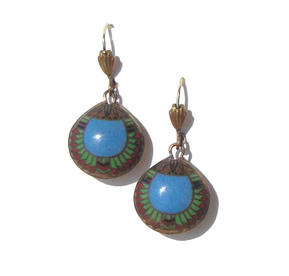 Vintage 30s Cloisonné Scarab Earrings Egyptian Revival Art Deco Drops