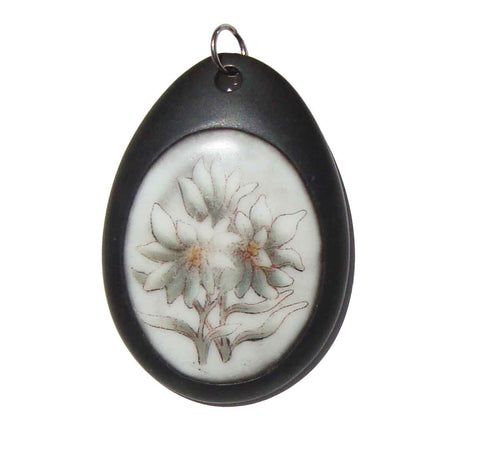 Antique Vulcanite & Porcelain Mourning Pendant Hand Painted Edelweiss Flowers
