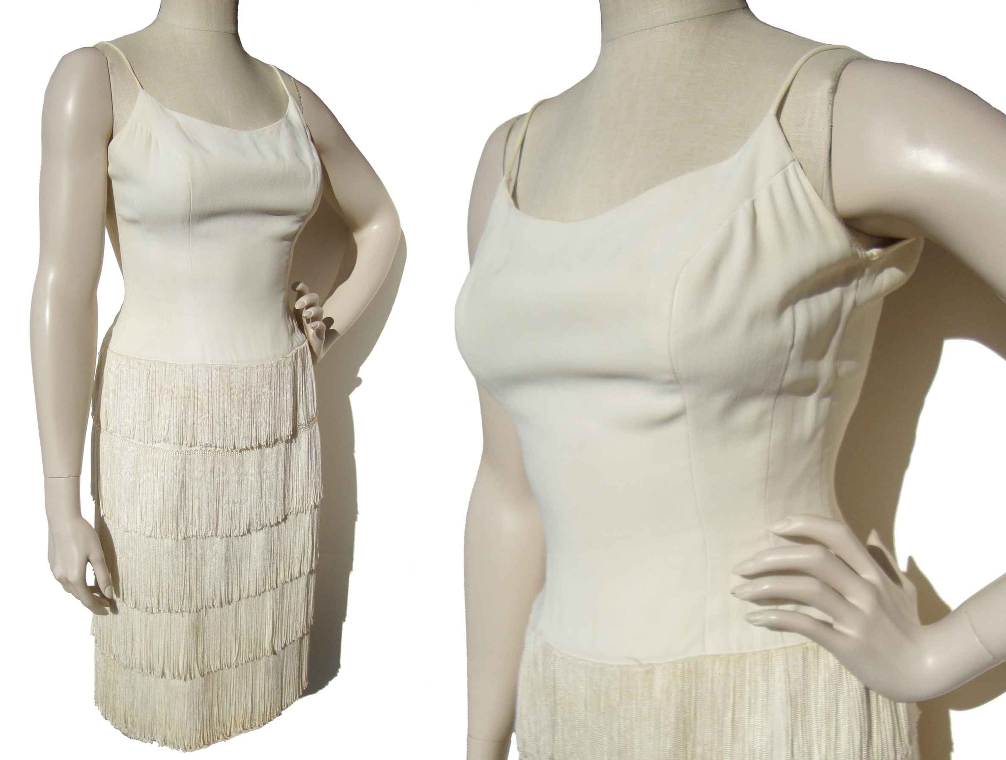 Vintage 60s Mod Fringe Go Go Dress Fitted White Shimmy S XS