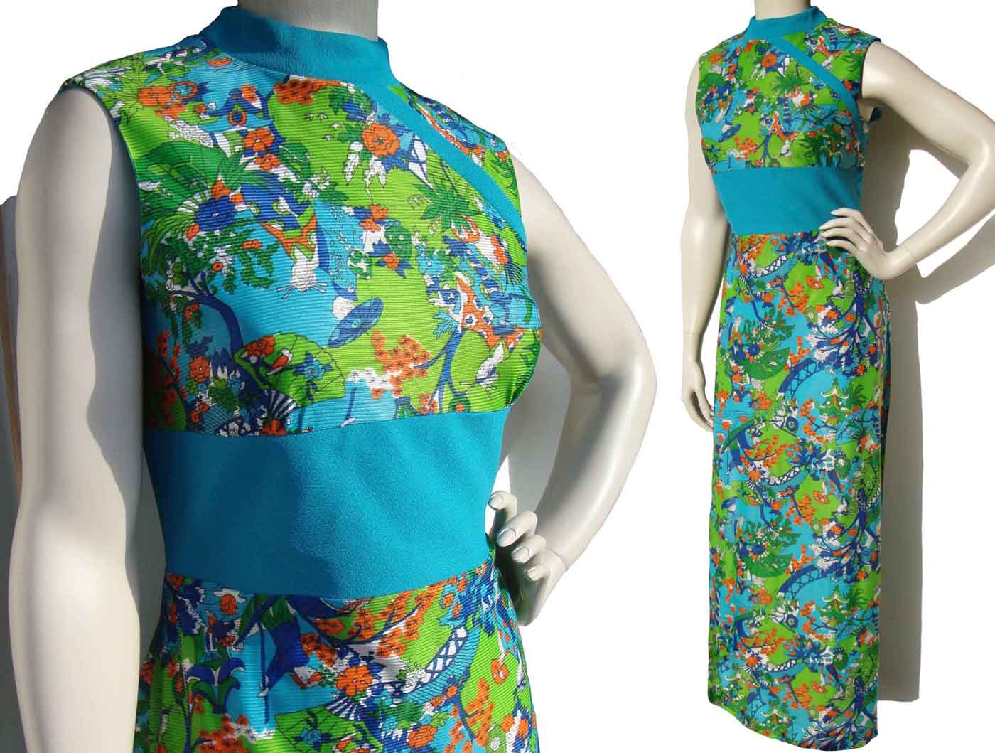 Vintage 60s Tea Timer Dress Asian Print Maxi