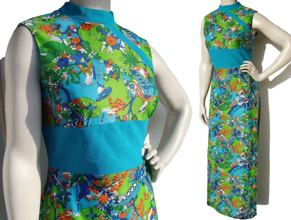 Vintage 60s Tea Timer Dress Asian Print Maxi