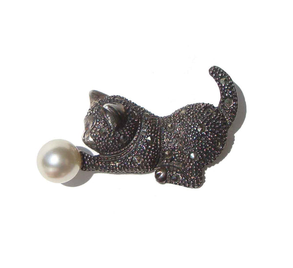 Vintage Sterling Silver Cat & Pearl Brooch Kitten Pin