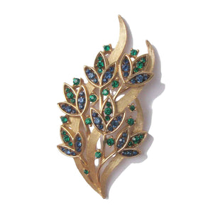 Vintage Trifari Rhinestone Brooch Blue Green Floral Leaf Pin