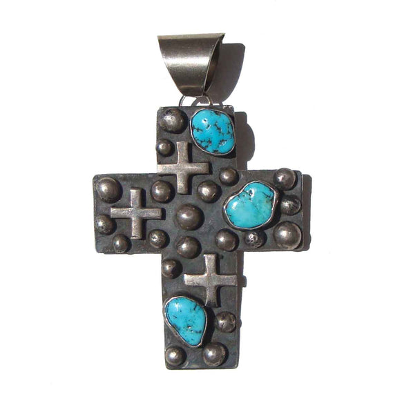 Vintage Chimney Butte Navajo Cross Pendant Sterling & Turquoise