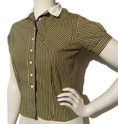Vintage 50s 60s Blouse Yellow White Black Striped Shirt S