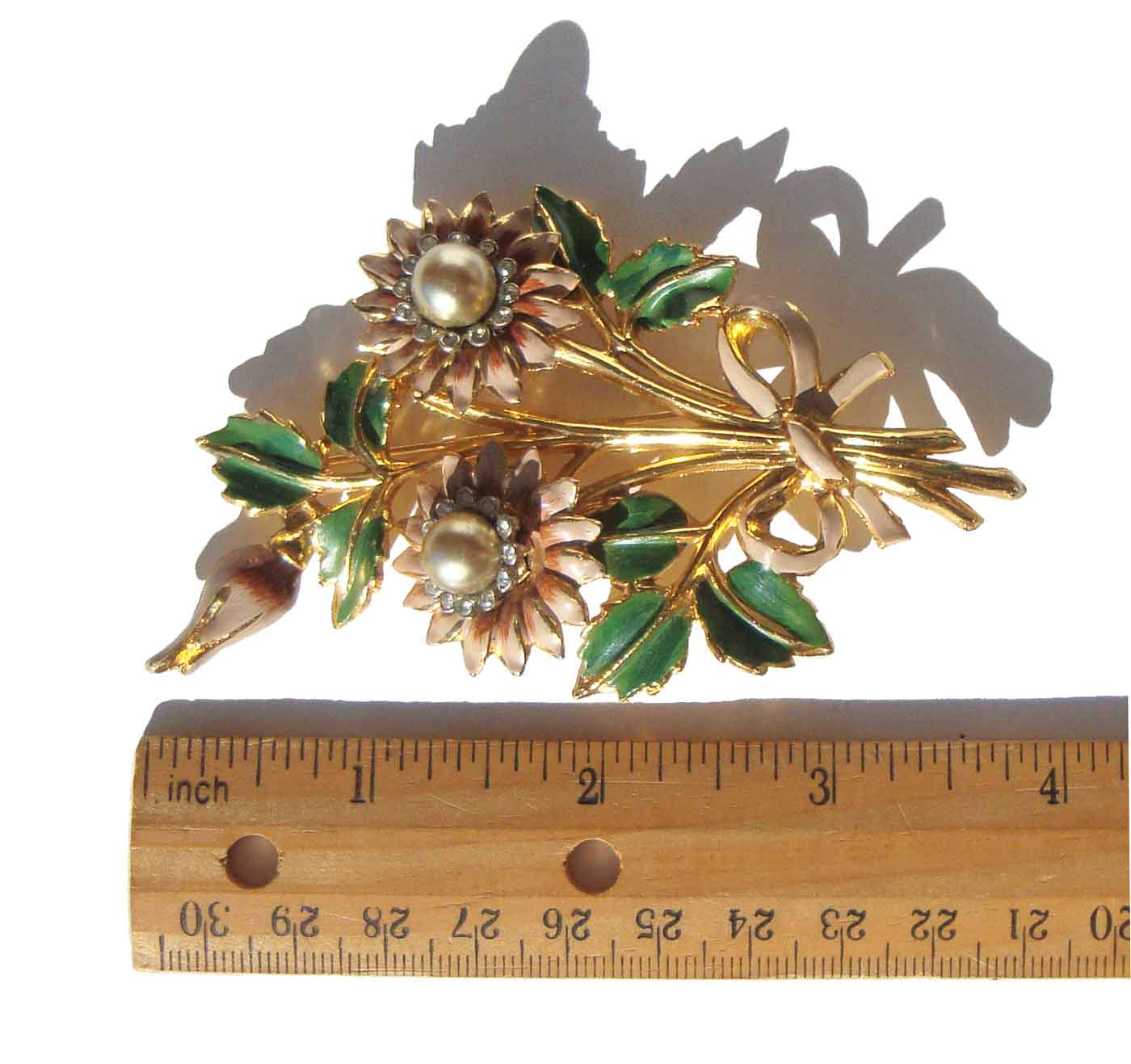 DEJA Enameled Flower Gold hot Brooch Pin RARE Pave Rhinestone