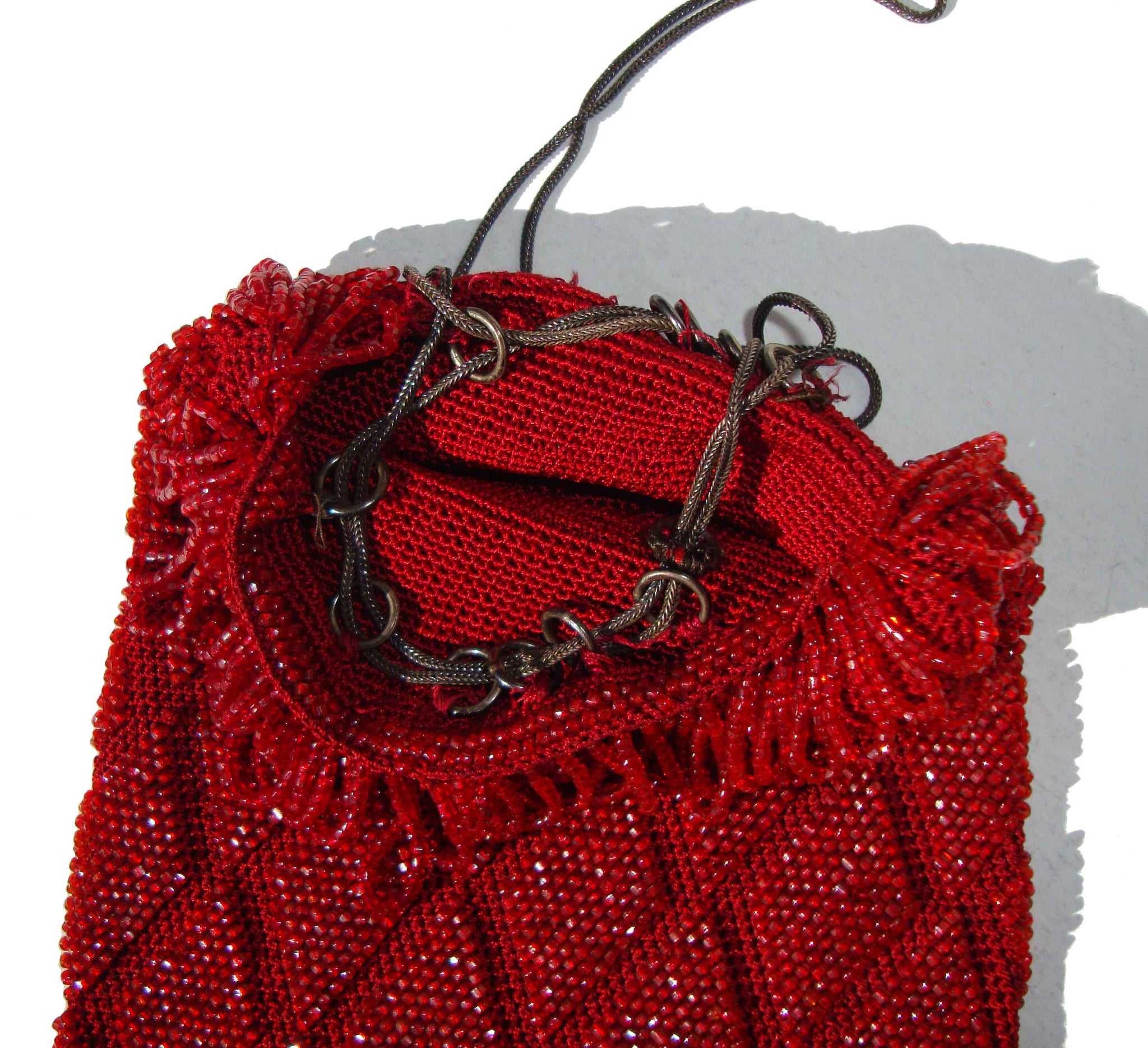 Vintage deals Red Bead Flapper Fringe Wristlet Bag Art Deco Swag Crochet Beaded Loops