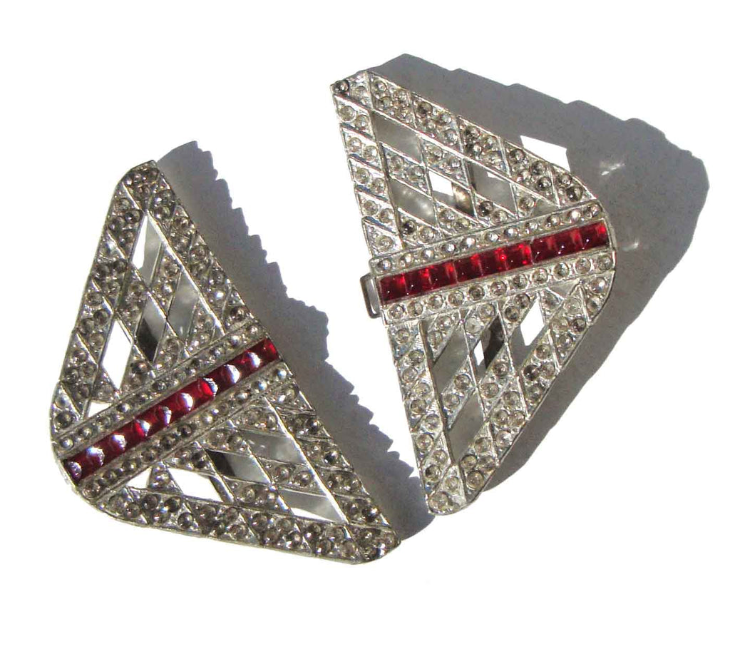 Vintage 30s Rhinestone Belt Buckle Art Deco White & Red Stones – 3