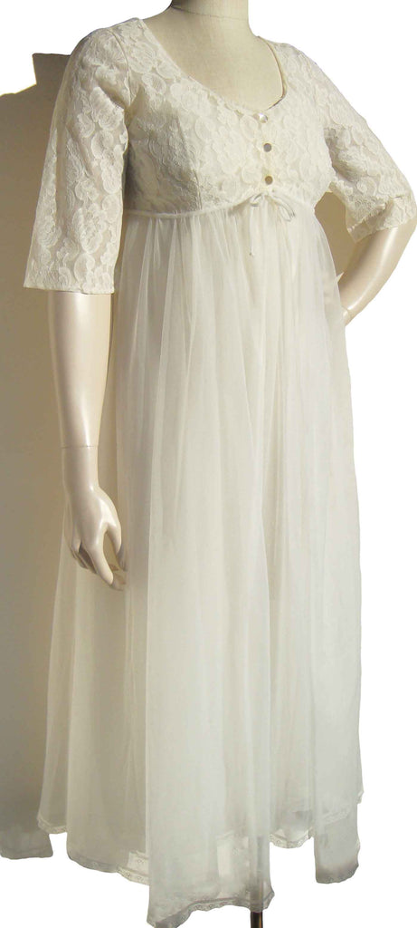 1960s White Nightgown Grecian Styling Lace Layers and Diagonal Accents -  Ruby Lane