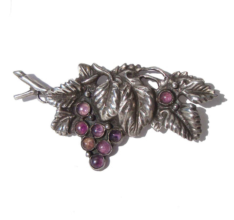 Vintage 40s Sterling & Amethyst Grape Brooch - Mexico